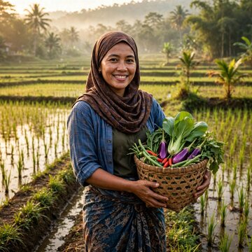 A smiling Indonesian woman holding a basket of fresh organic vegetables in a rural rice field.