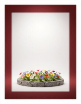 rendered stone podium filled colorful stan flowers surrounded soft even lighting placed center