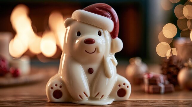 tasty sweet melting chocolate icebear with santa hat in front of fire place at christmas time