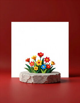 rendered stone podium filled colorful stan flowers surrounded soft even lighting placed center