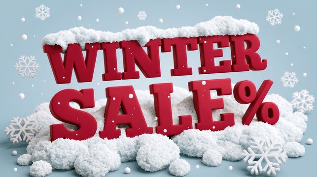 red winter sale lettering on snowy ground with snowflakes illustration