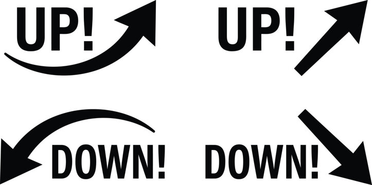 Bold comic text UP and DOWN with black arrows showing increase decrease growth decline trend direction concept vector illustration