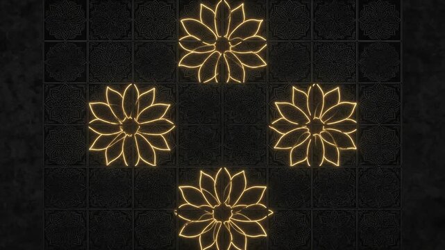 Golden floral patterns glowing on dark textured background motion graphics