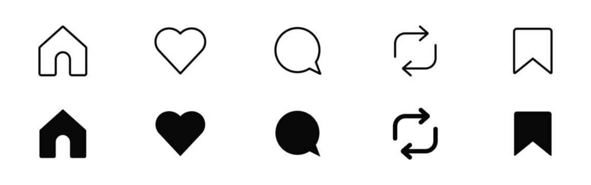 Social media line art and solid glyph vector icon set featuring homepage, love heart, chat comment, share repost, and bookmark save UI button symbols