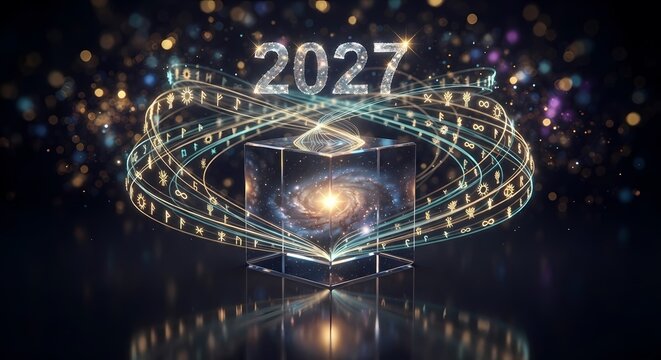 Futuristic 2027 New Year background featuring a glowing glass cube with a galaxy inside surrounded by magical light trails and bokeh stars.