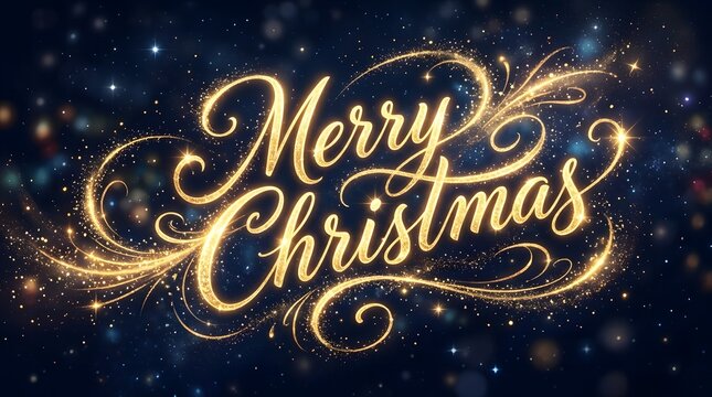 A beautiful and festive 'merry christmas' greeting with sparkling gold lettering and a dark background