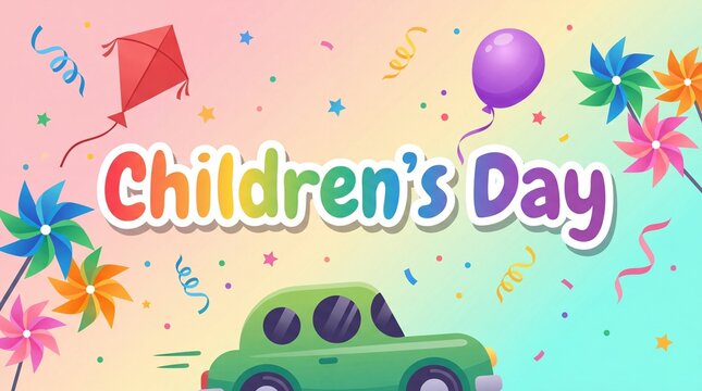 Colorful Childrens Day celebration graphic with balloons kites and confetti
