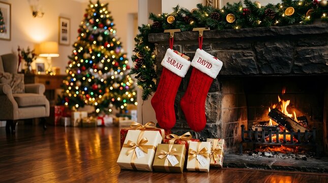 A warm and cozy christmas scene stockings hung by the fire with gifts below the tree
