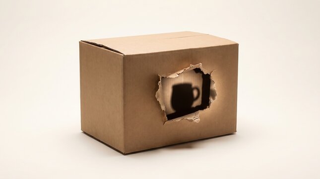 Cardboard box with a torn hole revealing a mug silhouette inside