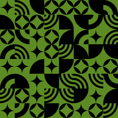 Modern seamless geometric pattern featuring black abstract shapes, circles, and stars on a vibrant green background © Creative World