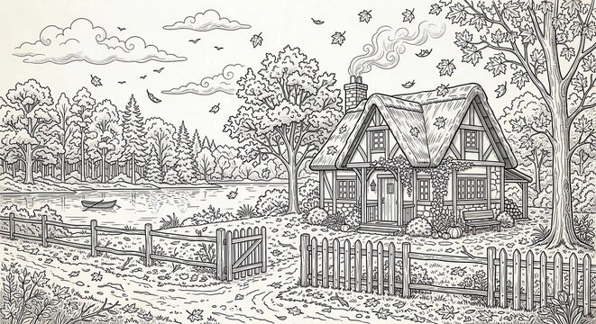 Detailed black and white illustration, autumn cozy cottage coloring page. Features a charming rural English cottage with a thatched roof, smoking chimney, and garden path.