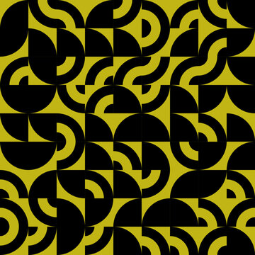 Abstract geometric pattern with interlocking quarter circles and squares in black and gold, creating a dynamic and modern visual texture