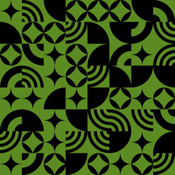 Modern seamless geometric pattern featuring black abstract shapes, circles, and stars on a vibrant green background