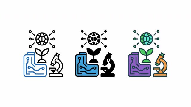 Scientific icons with microscope and plant in clean studio lighting symbolizing research growth and innovation