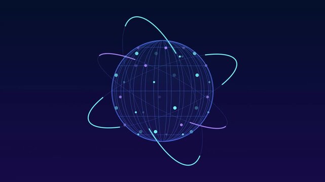 Abstract wireframe globe rotating at the center, covered with connected nodes and encircled by tilted orbiting rings with animated connection arcs, on a dark navy to deep purple gradient.