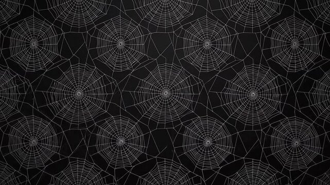 Seamless pattern of white spider webs on dark background moving slowly