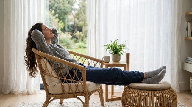 Young woman relaxing and resting in a comfortable wooden chair at home near a bright window with a cup of coffee on the table