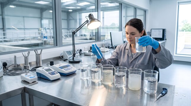 Female scientist analyzing water sample in modern laboratory setting with large windows