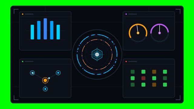 Digital HUD interface with animated charts and data visualization