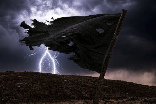 Tattered black flag waving in the wind with lightning flashing in the stormy sky