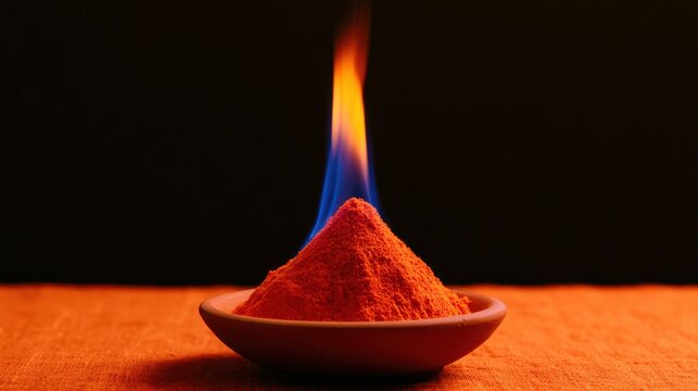 Burning red powder in a small clay bowl with bright flames rising upward