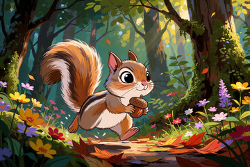 Fototapeta premium Cartoon illustration of a cute squirrel running in a forest