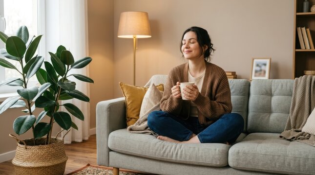 A happy young woman sitting on a comfortable sofa at home holding a warm cup of coffee and relaxing in a cozy living room setting