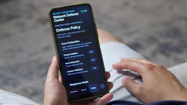 Person reviews a mobile network defense policy with threat isolation, anomaly detection and access validation, reflecting rising demand for automated cybersecurity and zero trust.