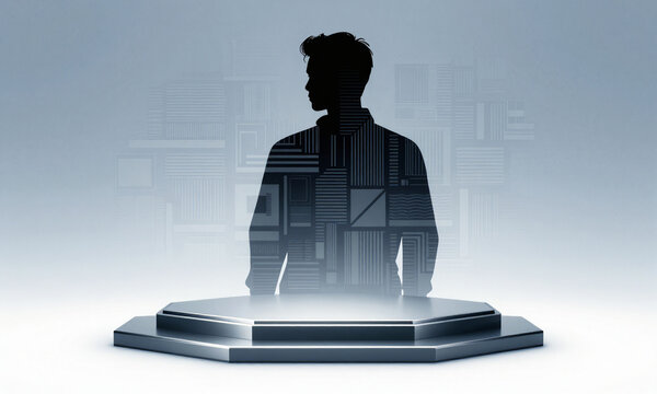 futuristic podium stage sleek metallic surfaces angular geometric shapes set soft blue gradient backdrop