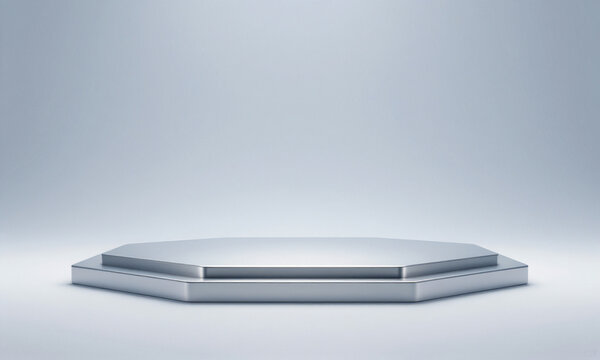 futuristic podium stage sleek metallic surfaces angular geometric shapes set soft blue gradient backdrop