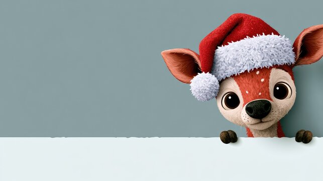 cute deer wearing a santa hat on a clean blue background illustration