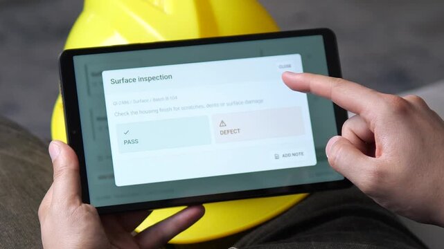 Worker completes a digital surface inspection on a tablet, confirming the component passed quality control and showing efficient paperless manufacturing verification.
