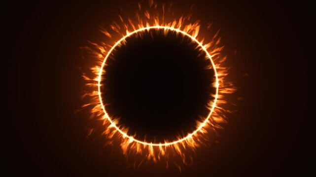 Solar Corona Fiery Star Plasma Ring, ring of fire eclipse with flames streaming outward, seamless 4K loop on black