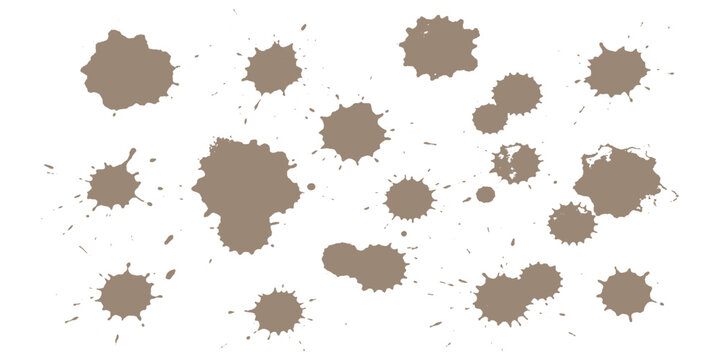 Abstract brown paint splatters and ink drops grunge texture elements set vector illustration.