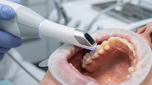 Intraoral scanner capturing upper molar anatomy in dental exam close-up