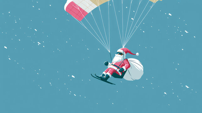 cool santa claus flying with paraglider in blue sky at christmas time illustration