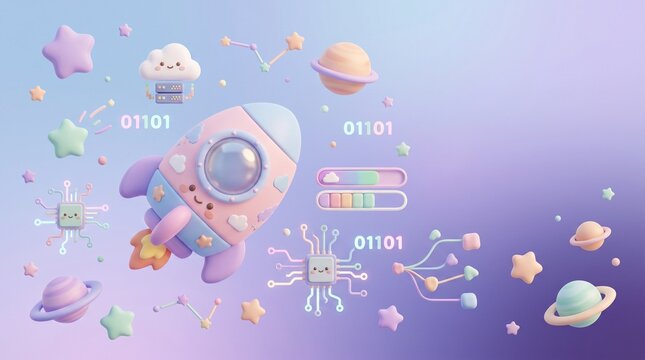 Cute Space Technology with Planet and Futuristic Digital Elements