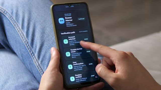 User reviews a successful passwordless login on a smartphone, highlighting passkey authentication, trusted device verification and modern digital identity security.