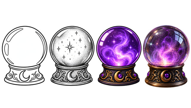 Crystal ball progression showing outline, sketch, colored fantasy sphere, and realistic glowing magic orb step by step.