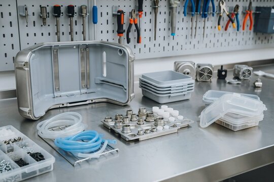Refurbishment workspace showing modular medical equipment components prepared for repair, reuse and responsible healthcare resource management