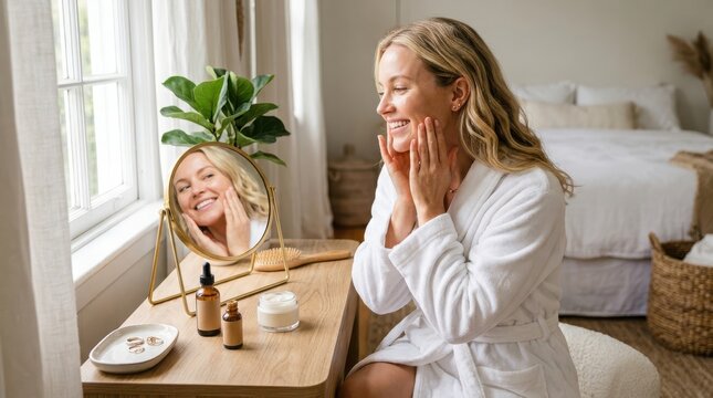 Happy young woman looking in a mirror and applying face cream in a bright home bedroom