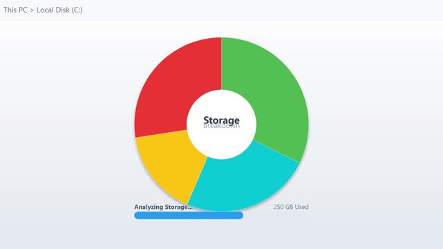 Computer storage disk space analysis showing full drive alert