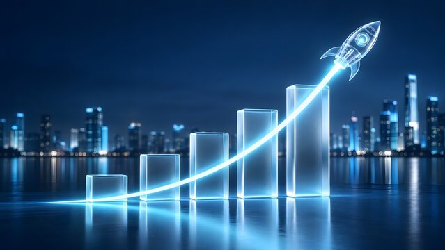 Transparent glowing rocket launching over a digital business graph and modern city skyline representing startup success and rapid growth