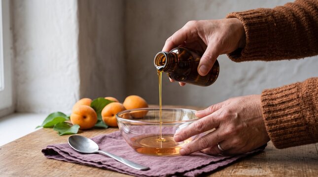Hands blend apricot kernel oil for botanical skincare