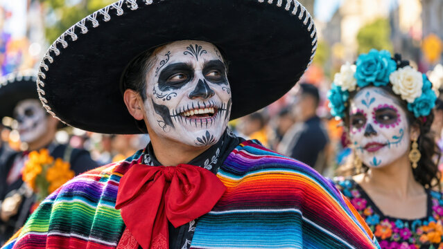 Catrin inspired day of the dead costume with sombrero, striped serape, red neck scarf, smiling man wearing calavera face paint at a mexican street celebration