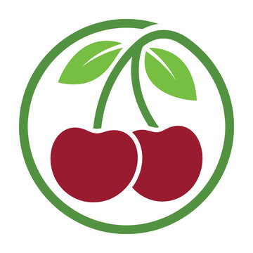Two red cherries with green leaves in circle logo symbol