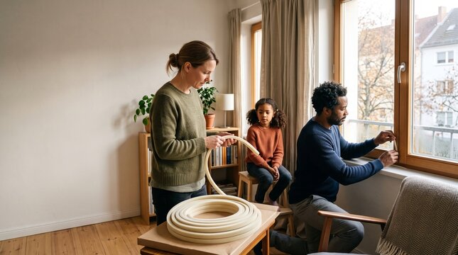 Family prepares apartment window for colder weather