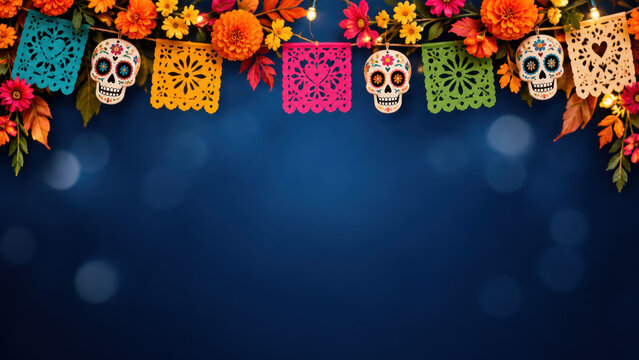 Dia de los Muertos banner with colorful papel picado and sugar skulls framed by cempas&uacute;chil flowers, festive Day of the Dead background with decorative top border and copy space