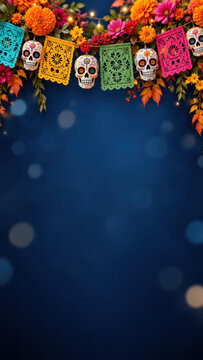 Mexican festival announcement background with papel picado, floral skull ornaments, day of the dead marigold swag above generous blue greeting copy space