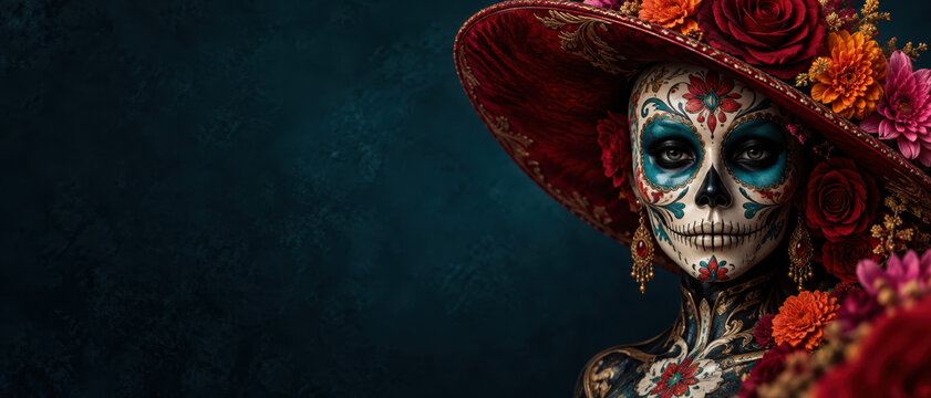 Day of the dead woman with sugar skull face paint, wide brim hat framed by marigolds roses, mexican remembrance festival portrait against dark teal background